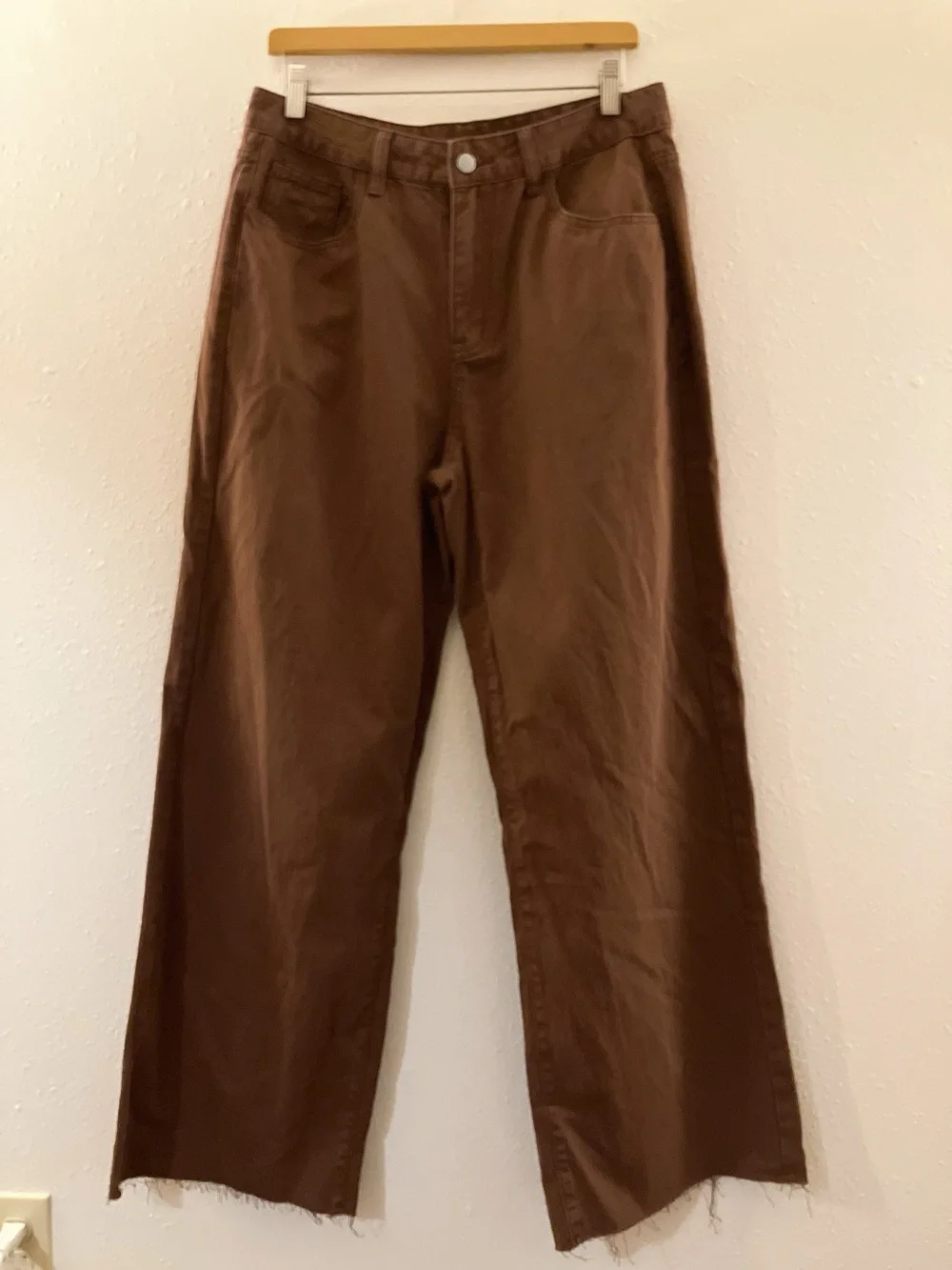 SHEIN Wide-Leg Mid-Rise Denim Jeans Raw Hem Coffee Brown Stretch Size 8/10